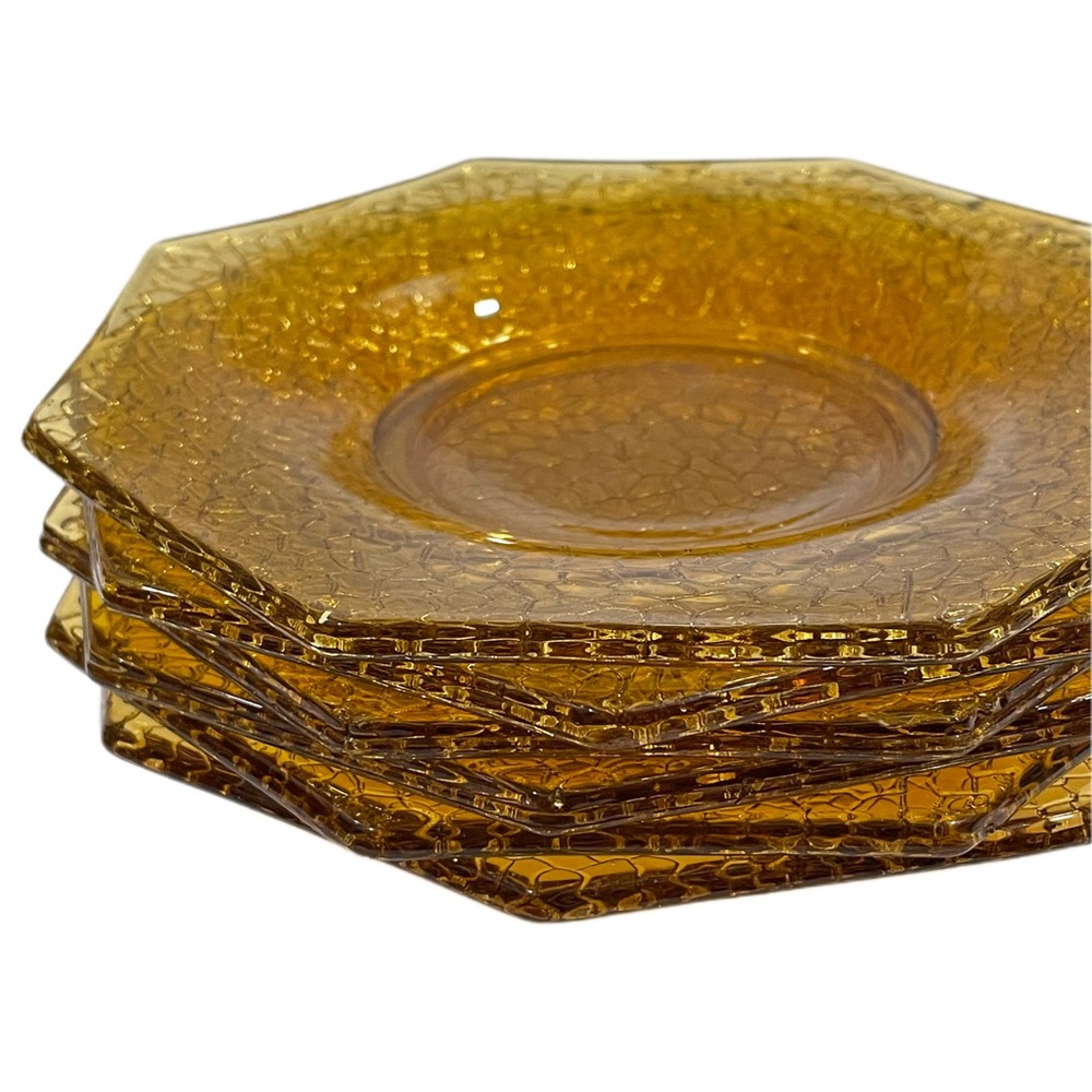 LE SMITH by Cracky Vintage Crackle Amber Depression Glass Octagon Dessert Plates